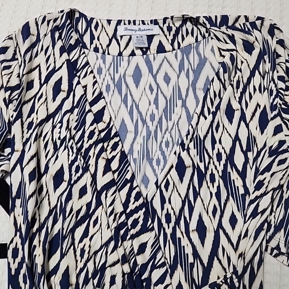 Tommy Bahama Navy & White Geometric Wrap Midi Dress - Picture 9 of 9